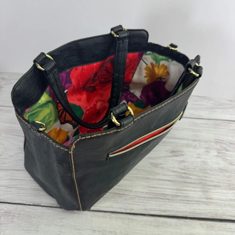 Avon Reversible Floral Butterfly Satchel Bag Black Faux Leather Rose Handbag